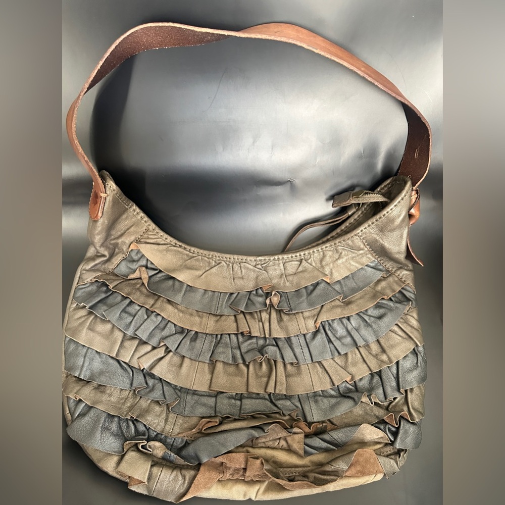 Lucky Brand Leather Hobo Ruffled Neutral Fall Shoulder Bag